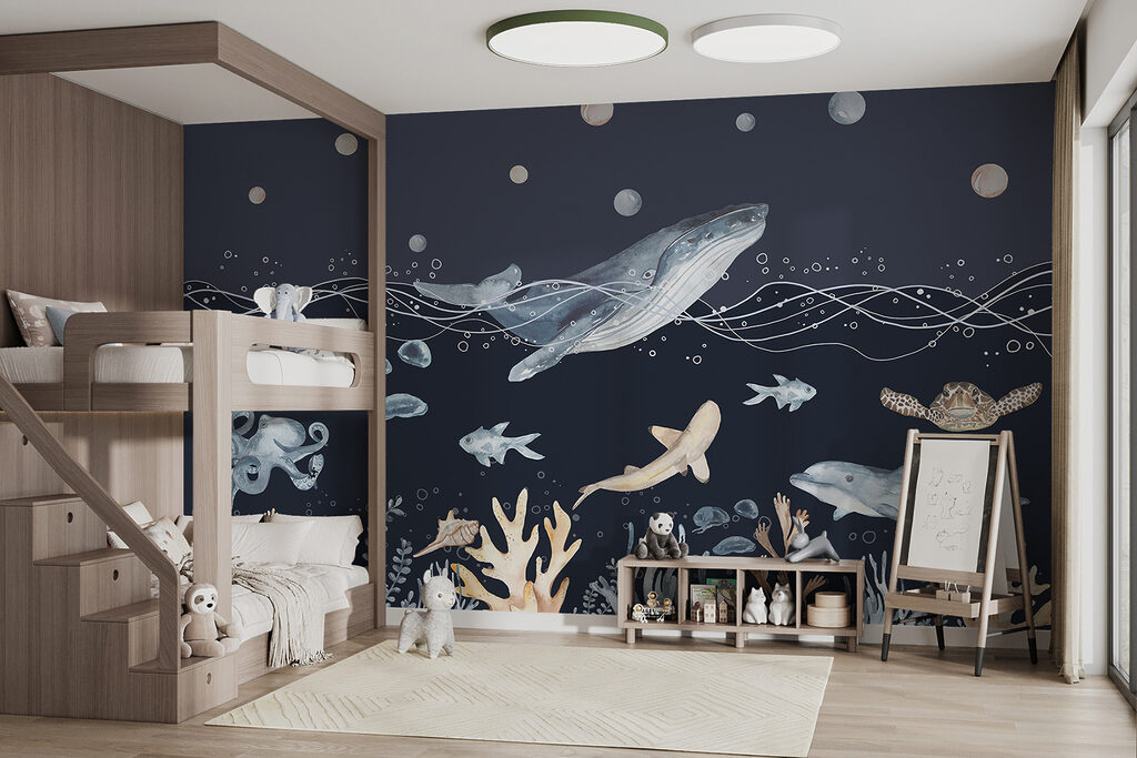 A watercolor of a whale and fish