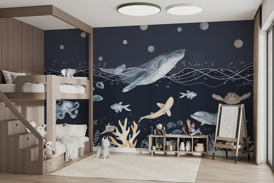 Acquerello di una balena e di un pesce