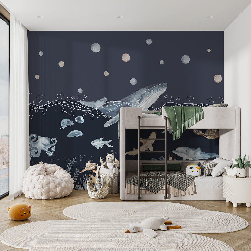 A watercolor of a whale and fish