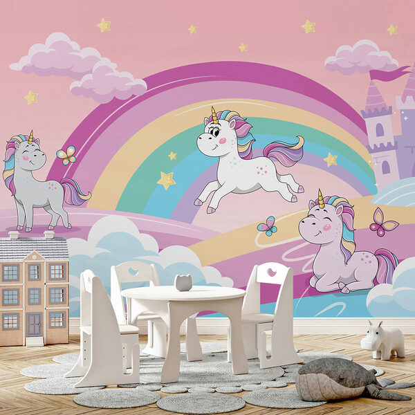 Un cartone animato di unicorni e un arcobaleno Un cartone animato di unicorni e un arcobaleno
