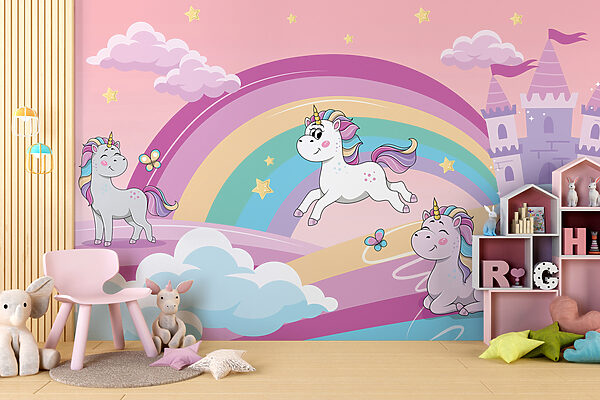 Un cartone animato di unicorni e un arcobaleno Un cartone animato di unicorni e un arcobaleno