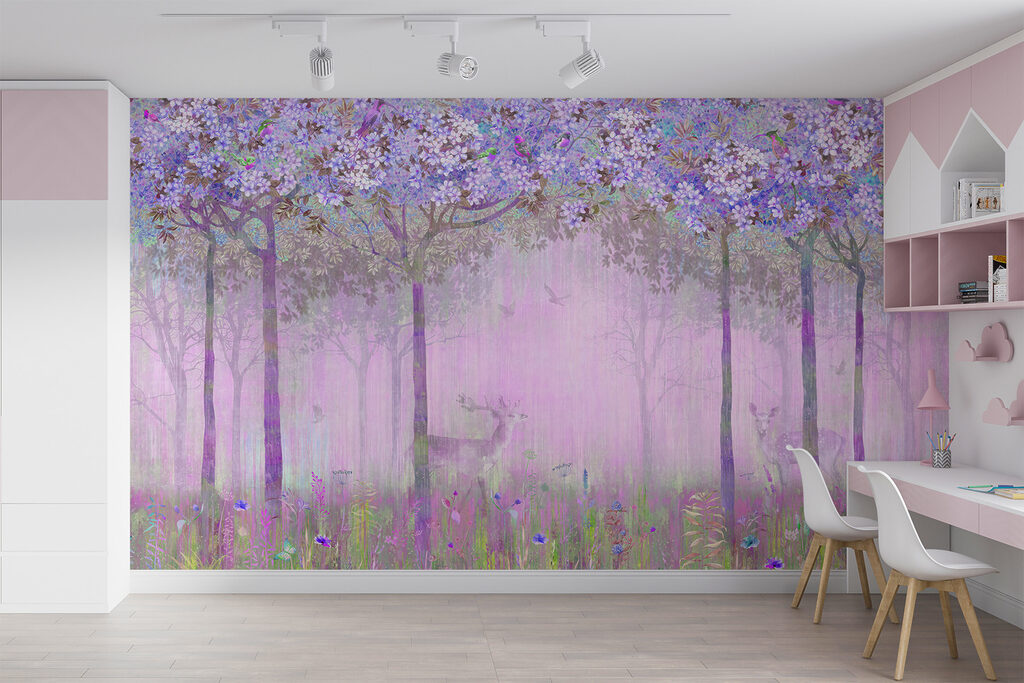 A painting of a forest with flowers