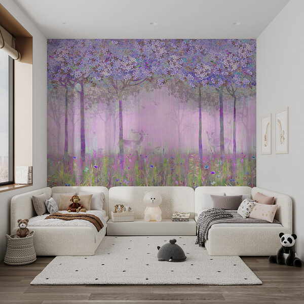 Un dipinto di una foresta con fiori Un dipinto di una foresta con fiori