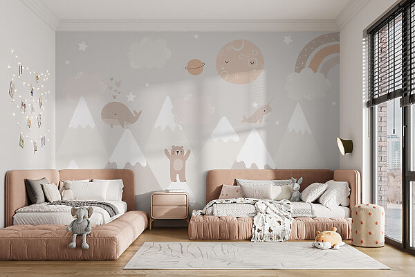 Un murale con un paesaggio da cartone animato Un murale con un paesaggio da cartone animato