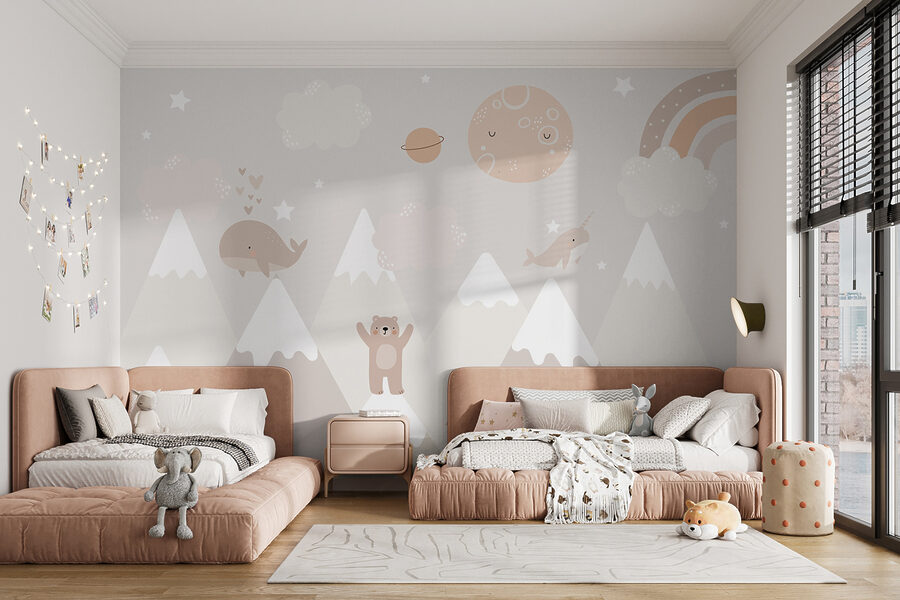 Un murale con un paesaggio da cartone animato Un murale con un paesaggio da cartone animato