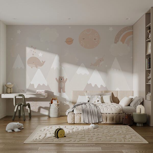 Un murale con un paesaggio da cartone animato Un murale con un paesaggio da cartone animato