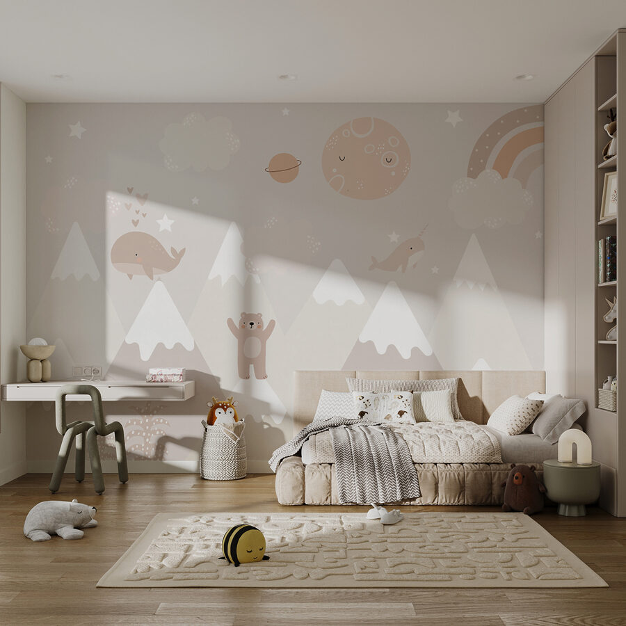 Un murale con un paesaggio da cartone animato Un murale con un paesaggio da cartone animato