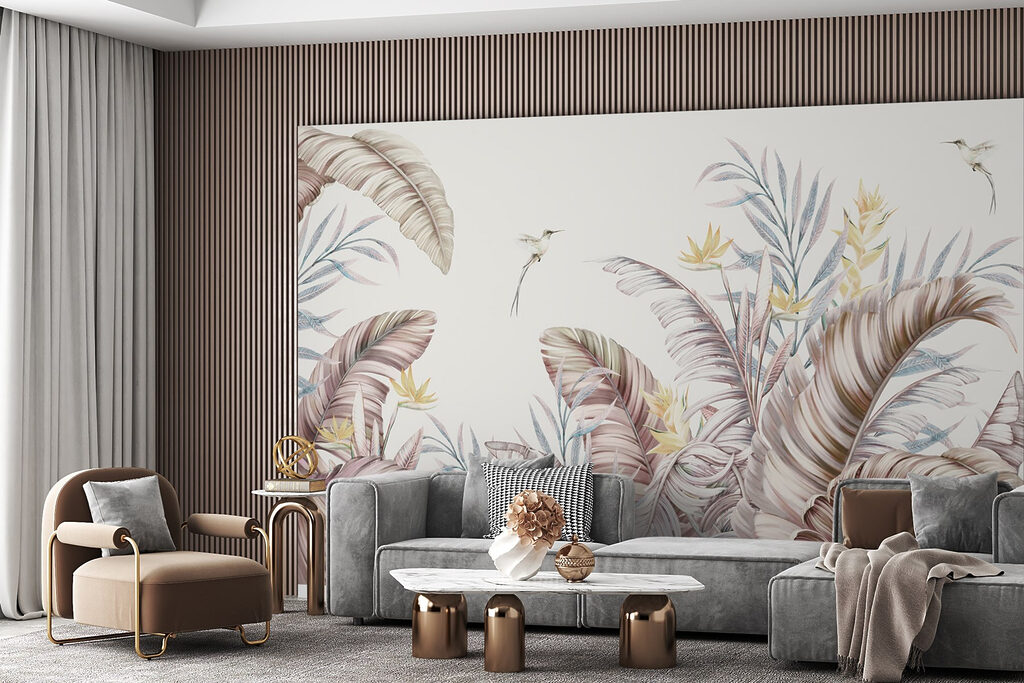 A painting of tropical plants and birds A painting of tropical plants and birds