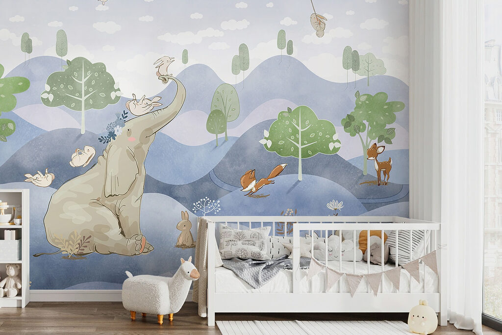 An elephant and rabbits in a forest