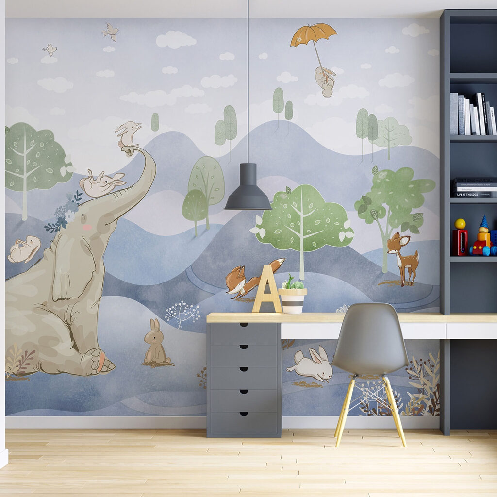 An elephant and rabbits in a forest