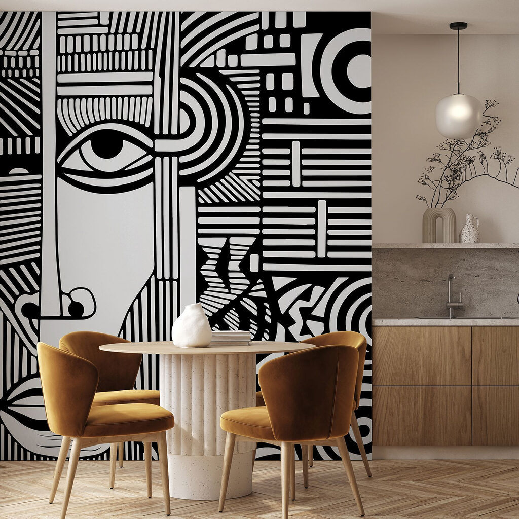 A black and white drawing of a face