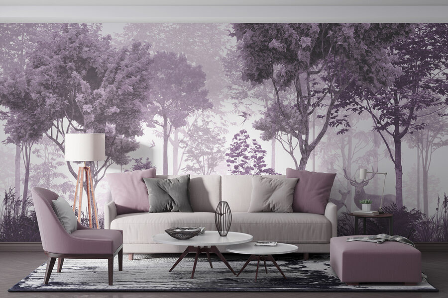 Un'immagine viola e bianca di alberi e piante