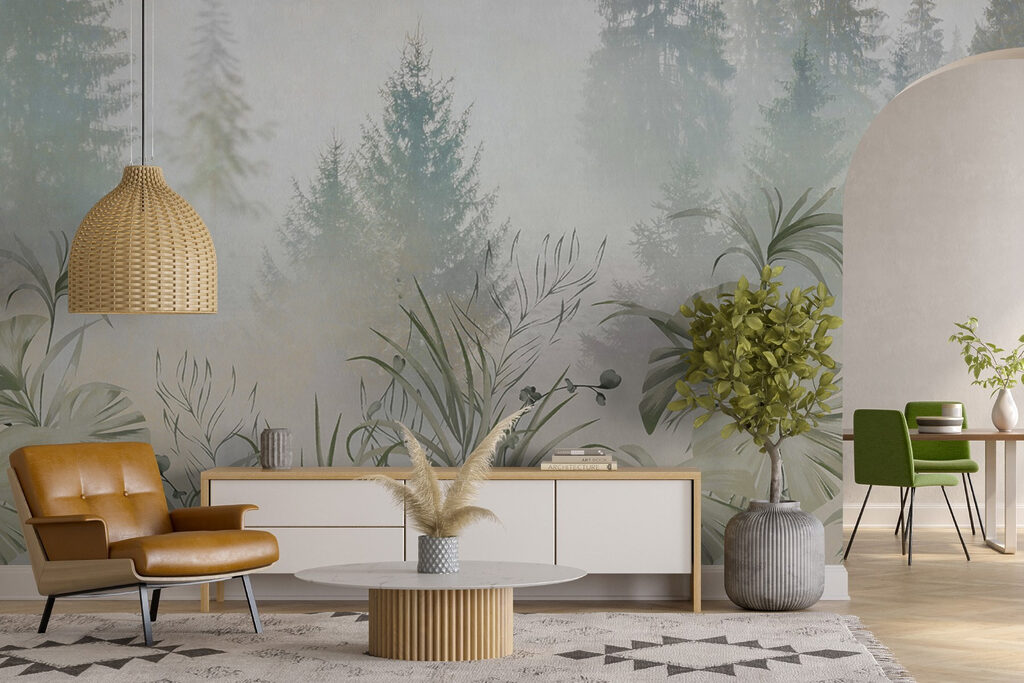 A foggy forest with plants and trees