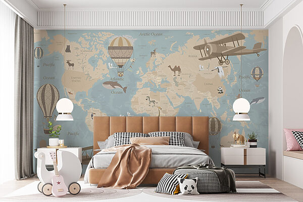 Mappa del mondo con aerei e mongolfiere Mappa del mondo con aerei e mongolfiere
