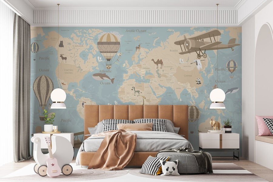Mappa del mondo con aerei e mongolfiere