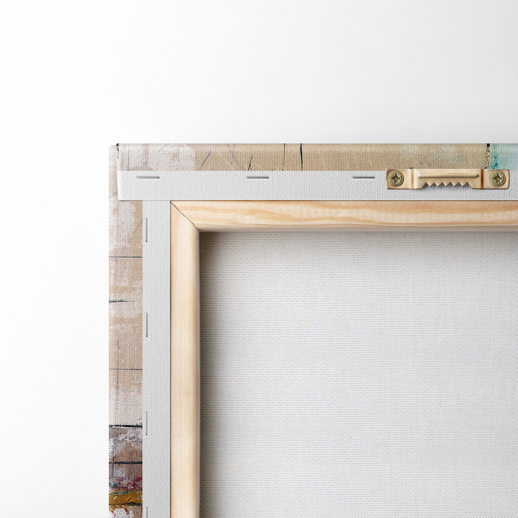 A painting of a blue and white wall