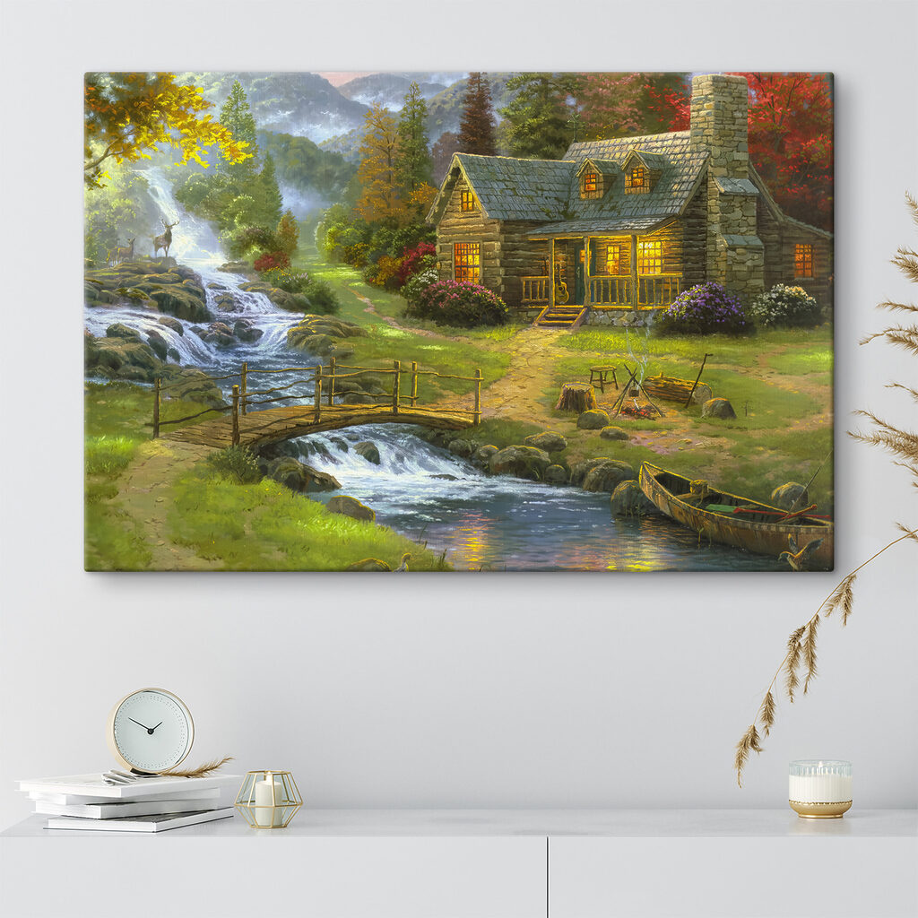 A painting of a log cabin with a bridge over a river