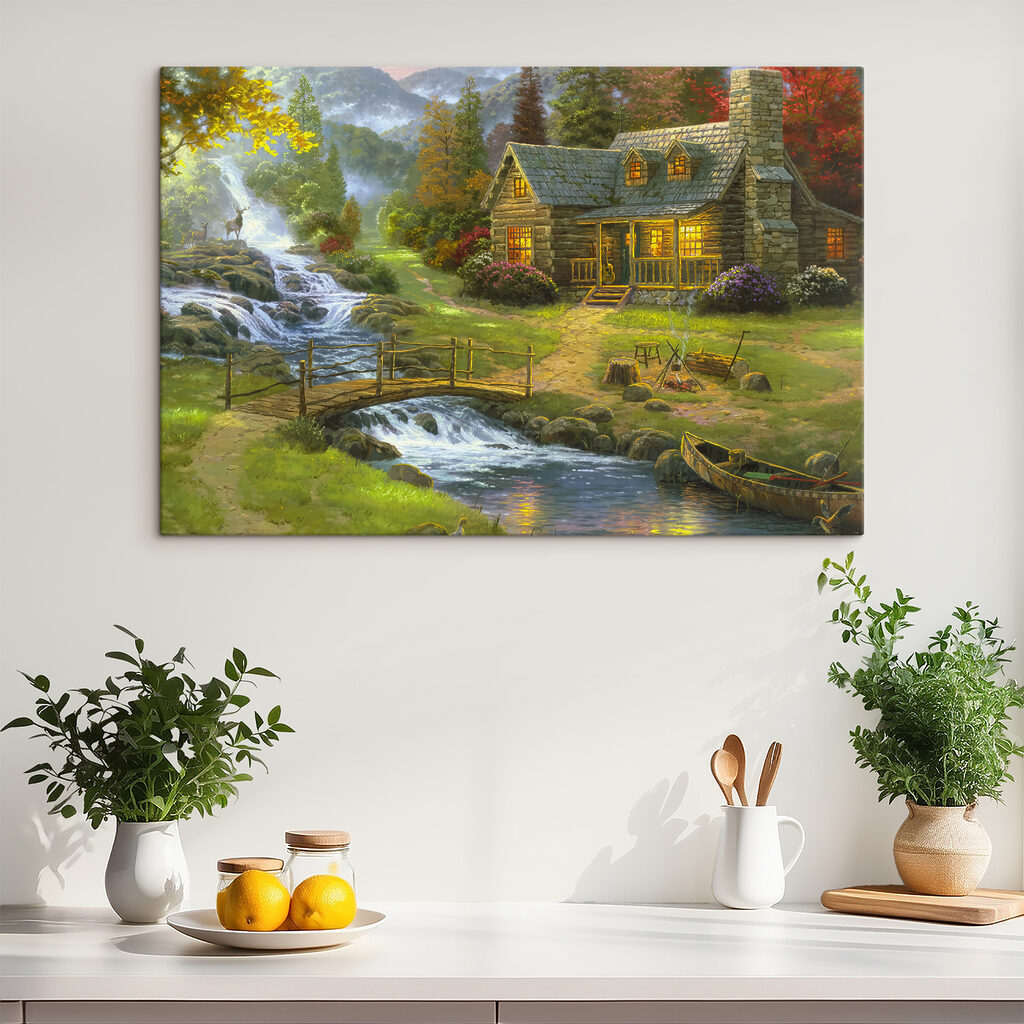 A painting of a log cabin with a bridge over a river