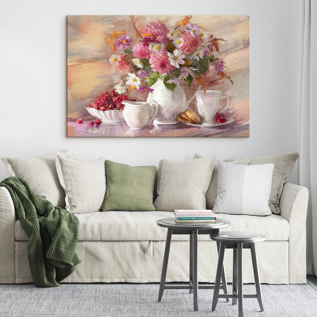 A painting of flowers in a vase and a bowl of croissants A painting of flowers in a vase and a bowl of croissants