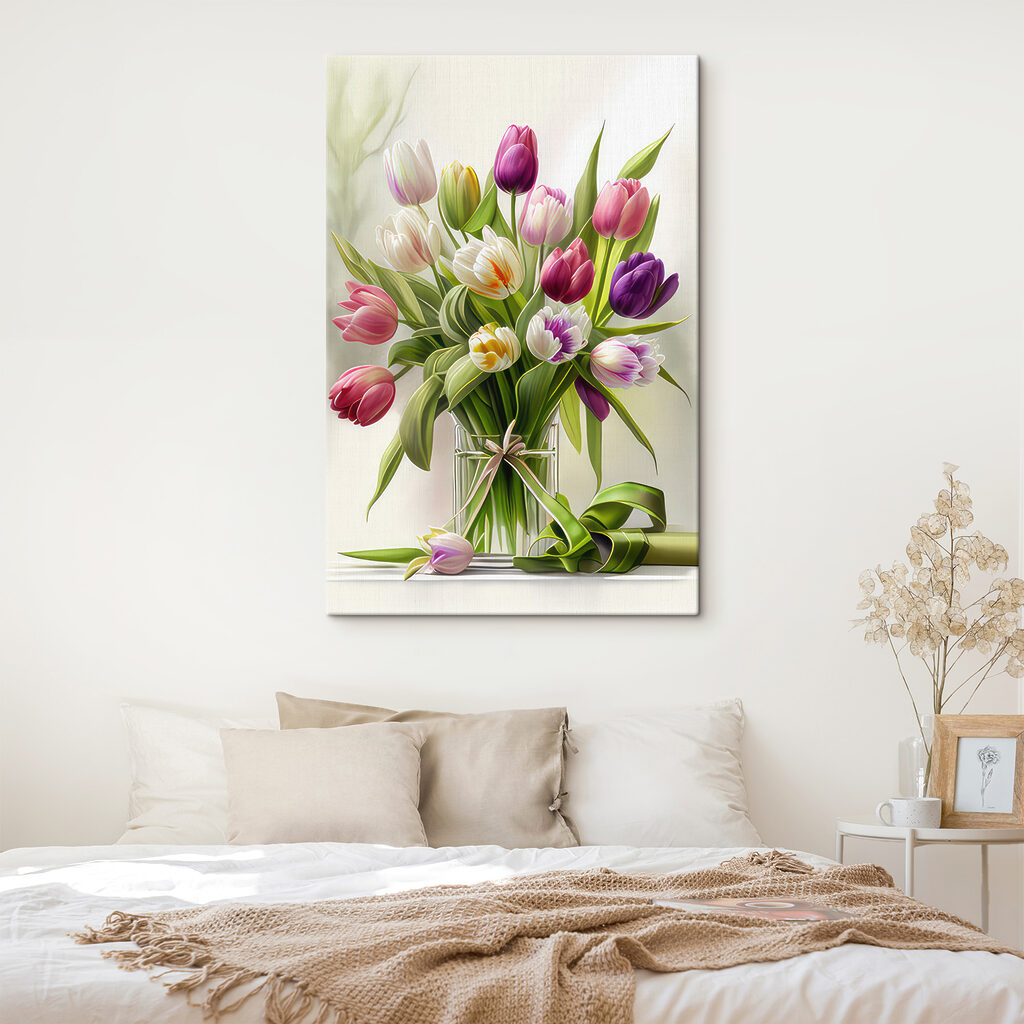 A bouquet of tulips in a glass vase