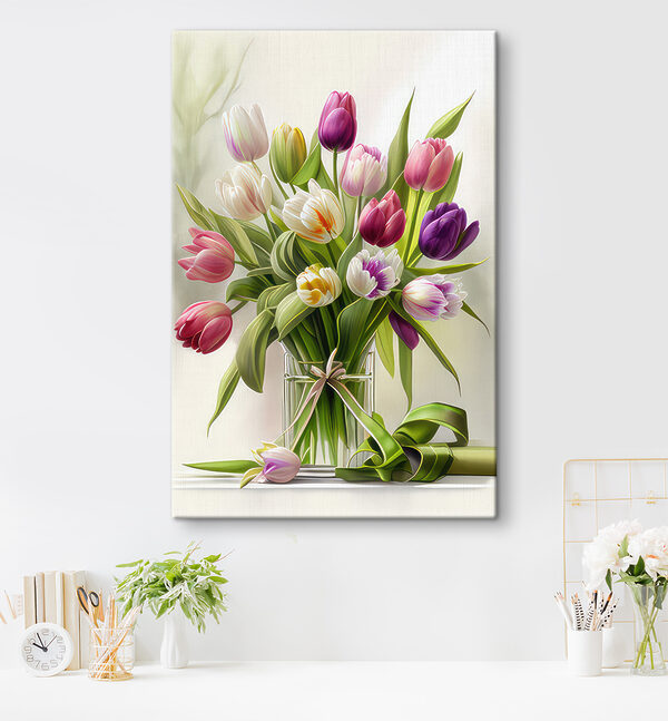 A bouquet of tulips in a glass vase