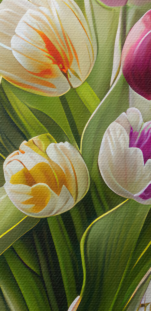 A bouquet of tulips in a glass vase