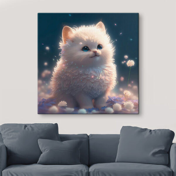 A white fluffy cat with blue eyes