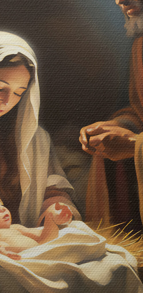 A painting of a man and woman in a manger with animals around A painting of a man and woman in a manger with animals around