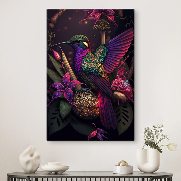 A colorful bird sitting on a ball of flowers A colorful bird sitting on a ball of flowers