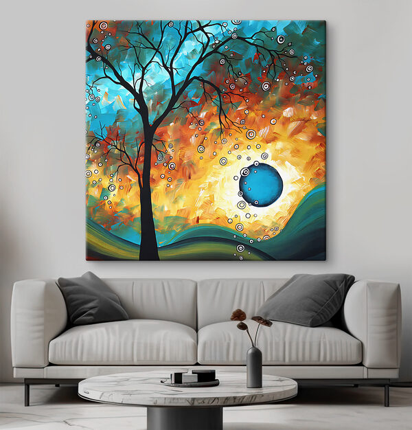 A painting of a tree and a sunset A painting of a tree and a sunset