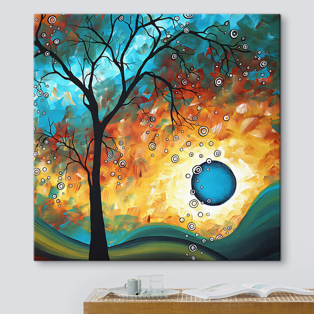 A painting of a tree and a sunset A painting of a tree and a sunset