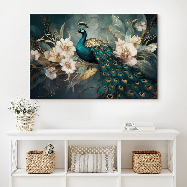 A peacock sitting on a branch with flowers