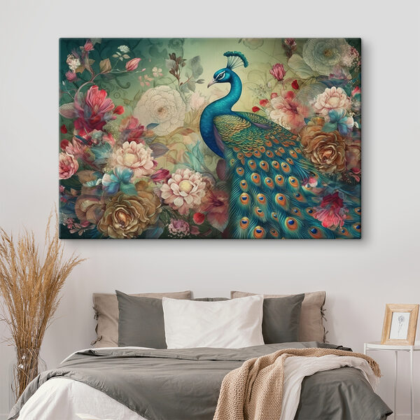 A peacock with flowers and leaves