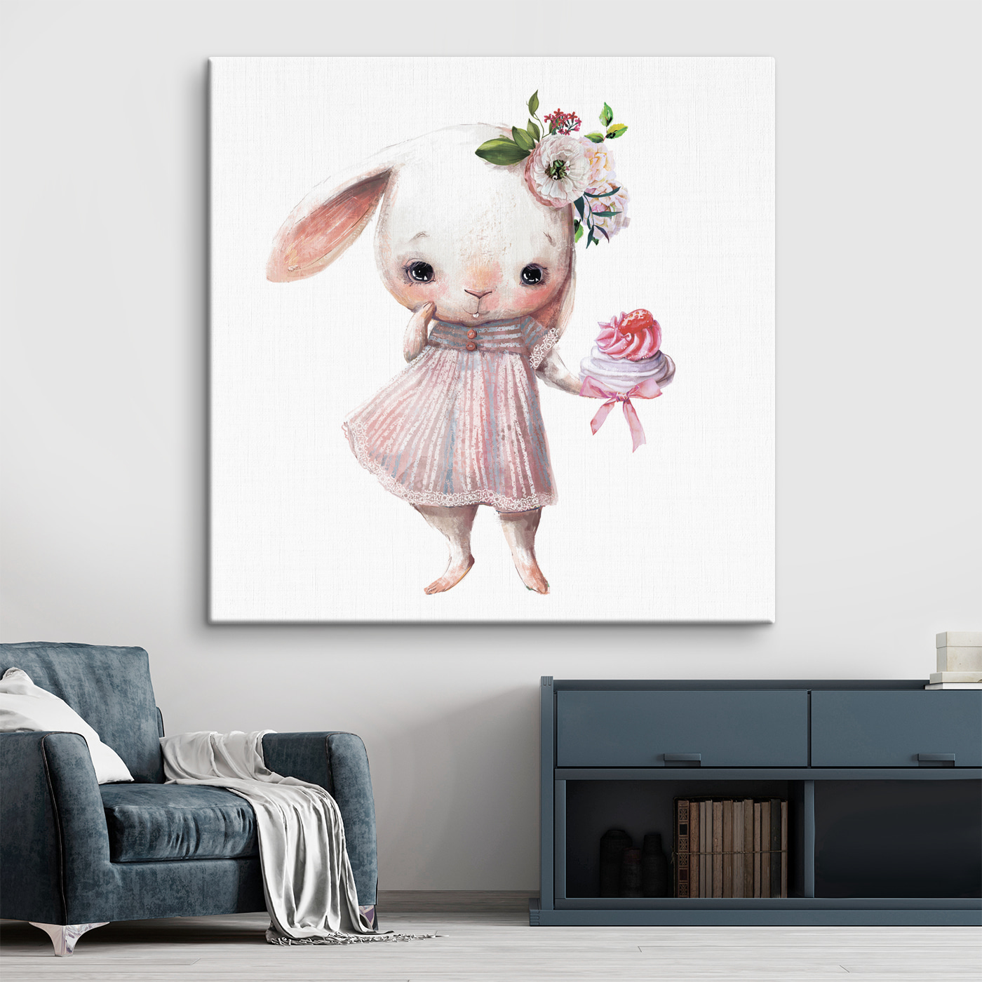 A cartoon of a bunny holding a cupcake A cartoon of a bunny holding a cupcake