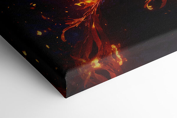 A bird with wings spread and flames in the background