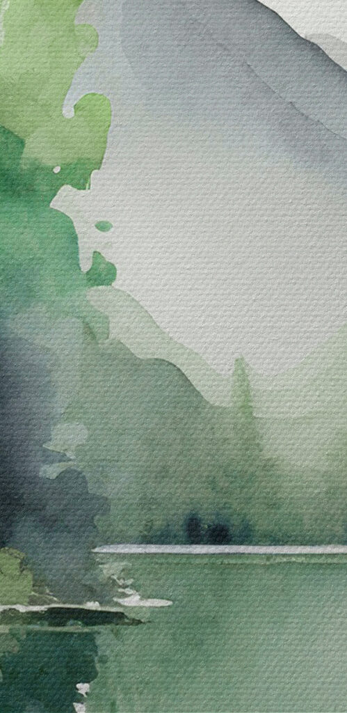 Watercolor painting of a lake surrounded by trees and mountains