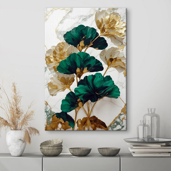 A green and white flowers on a marble surface
