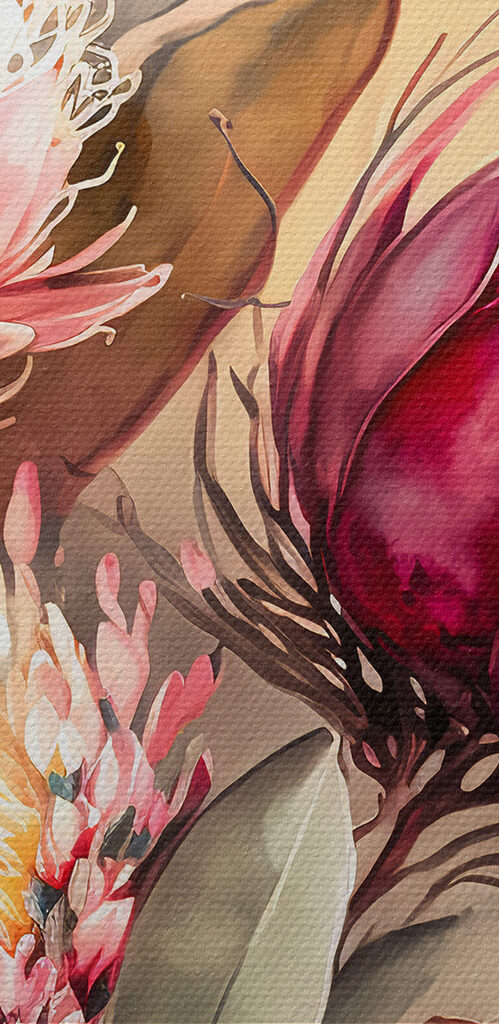 A painting of flowers and leaves