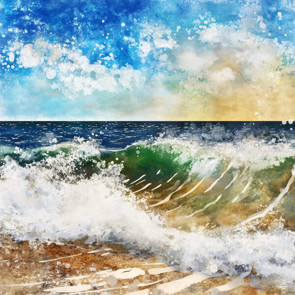 Watercolor of waves crashing on a beach Watercolor of waves crashing on a beach