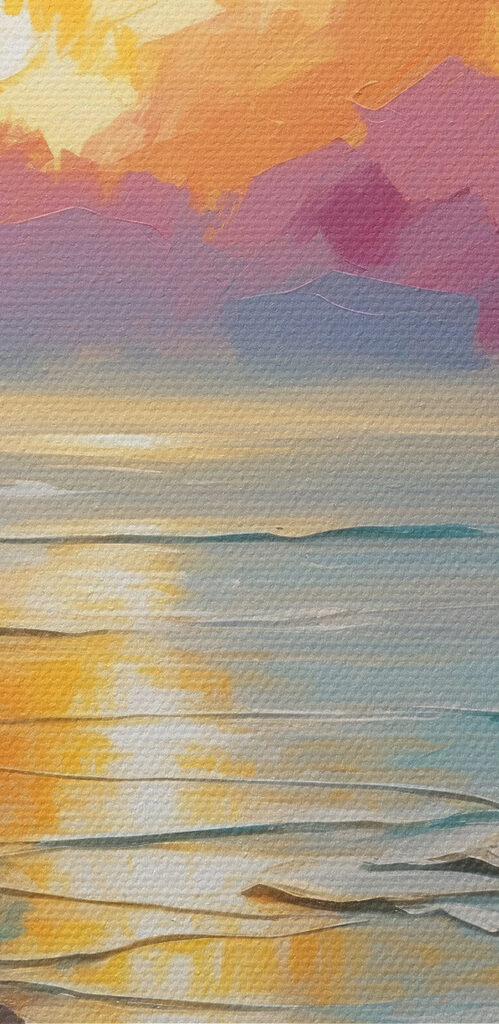 A painting of a beach with palm trees and a sunset A painting of a beach with palm trees and a sunset