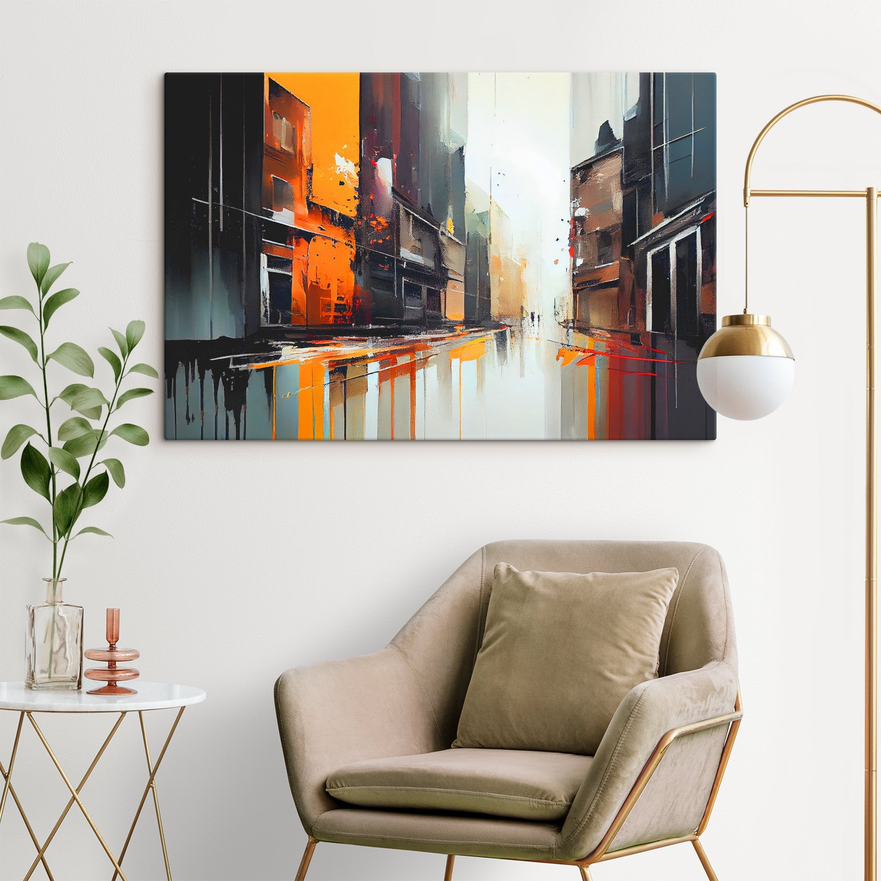 A painting of a street with buildings