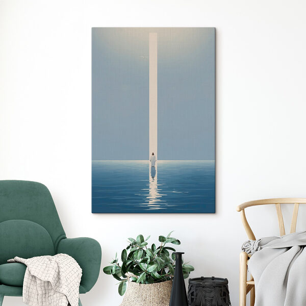 A person standing in water with a light beam A person standing in water with a light beam