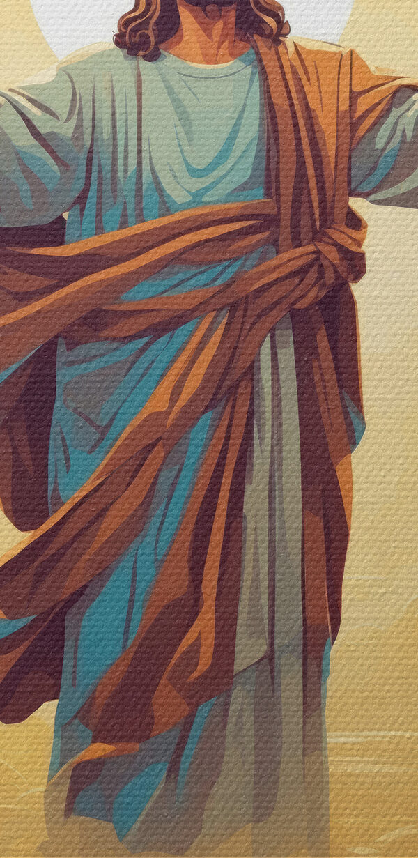 A painting of a man in a robe with his arms out in the air