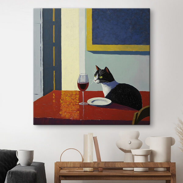 Un gatto seduto a un tavolo con un piatto e un altro piatto Quadri Un gatto seduto a un tavolo con un piatto e un altro piatto