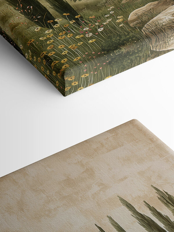 Painting of a landscape with trees and hills Painting of a landscape with trees and hills