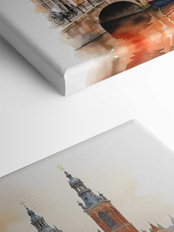 Watercolor of a canal with boats and buildings