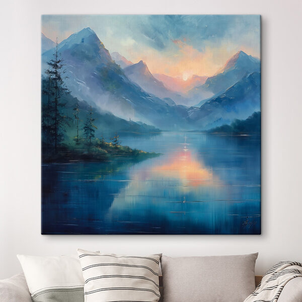 Dipinto raffigurante un lago con montagne e alberi Quadri Dipinto raffigurante un lago con montagne e alberi
