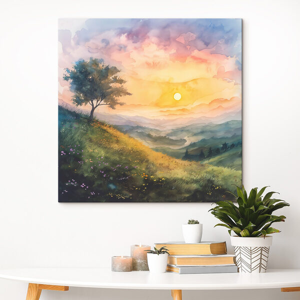 Painting of a landscape with a tree and flowers