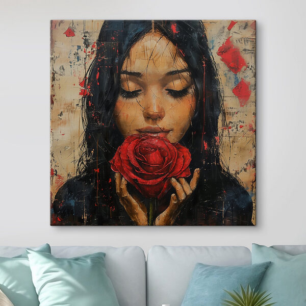 Painting of a woman holding a red rose Painting of a woman holding a red rose