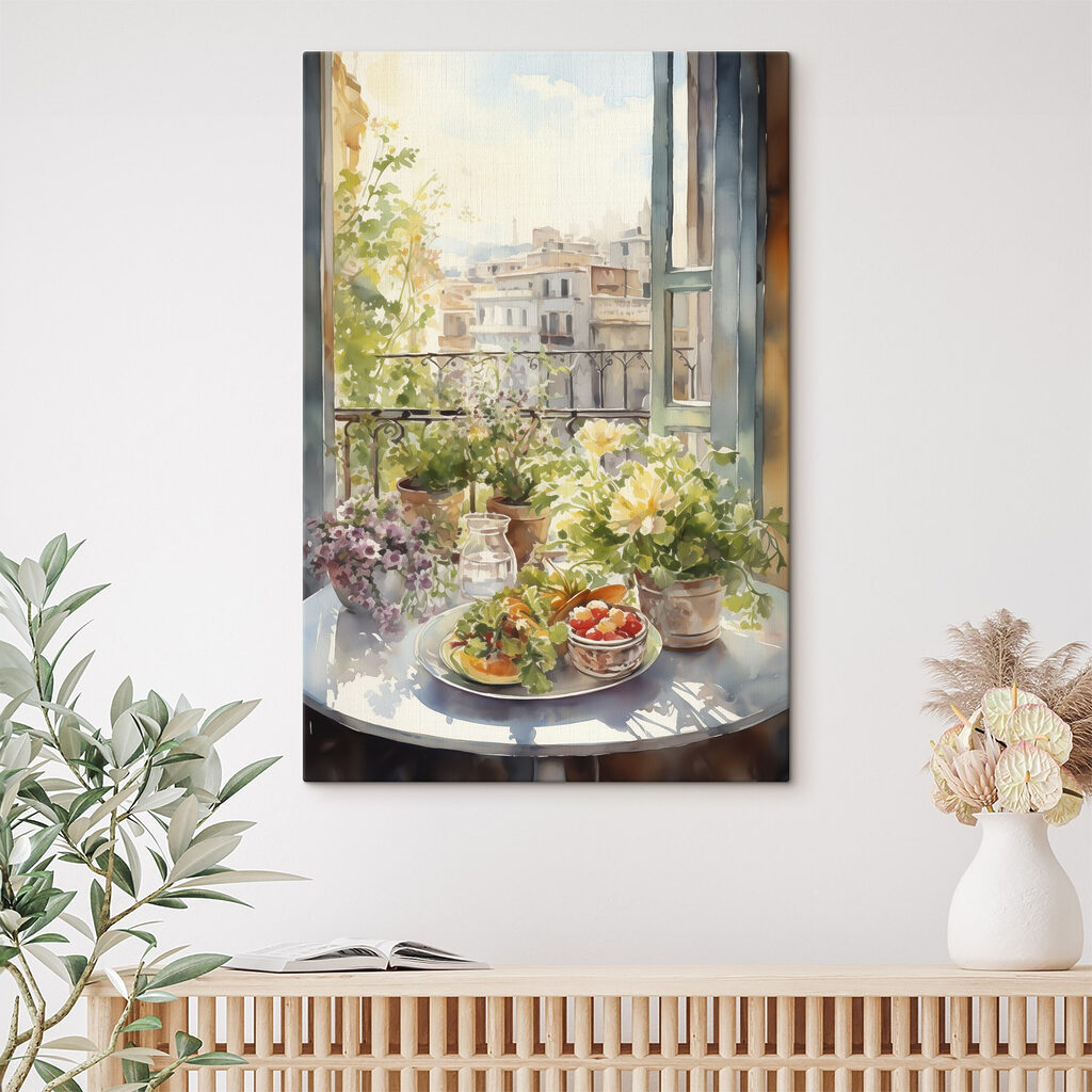 Watercolor painting of flowers and fruits on a table in front of a window